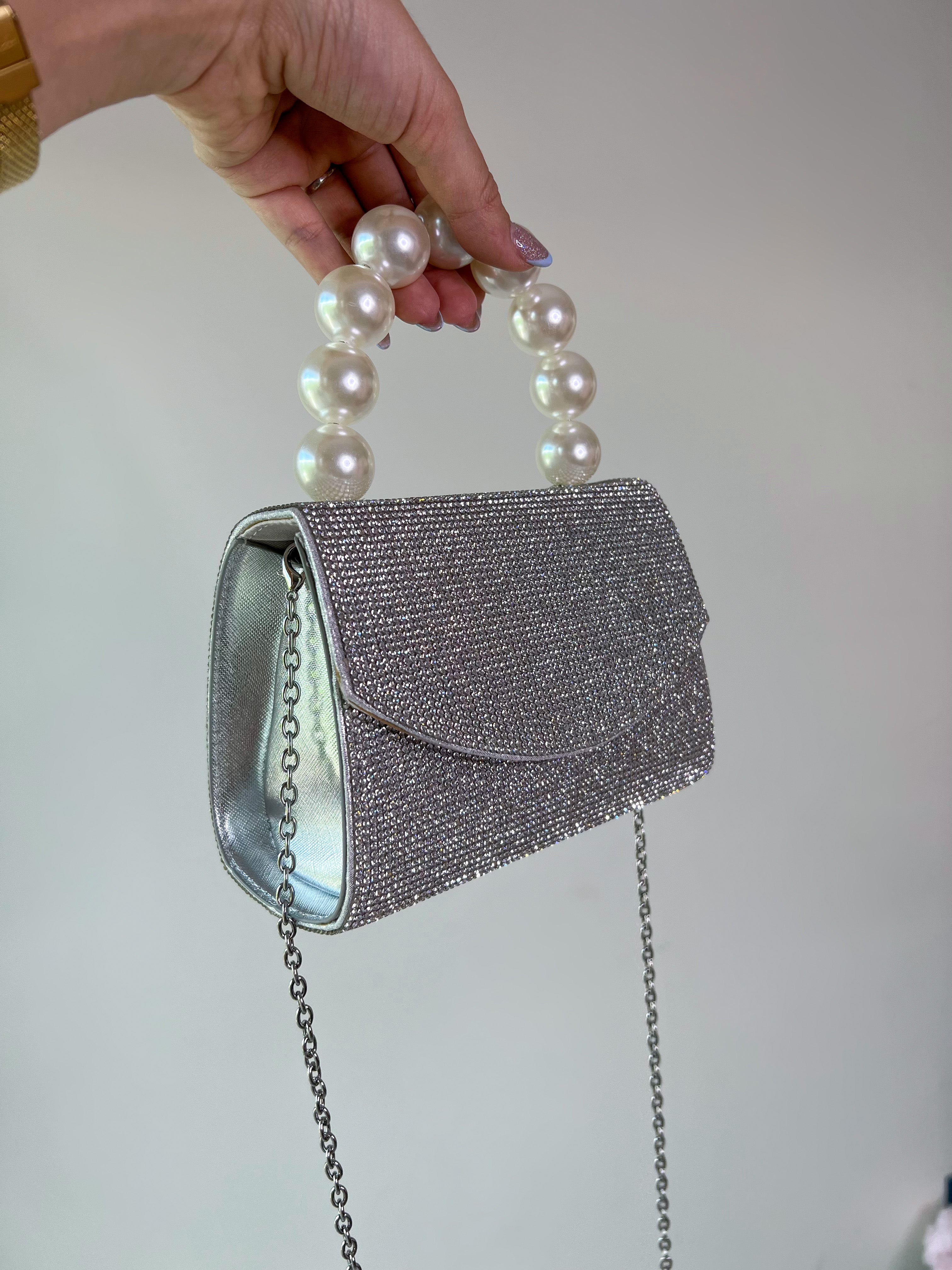 BOLSO DIAMANTES PLATA CON PERLAS