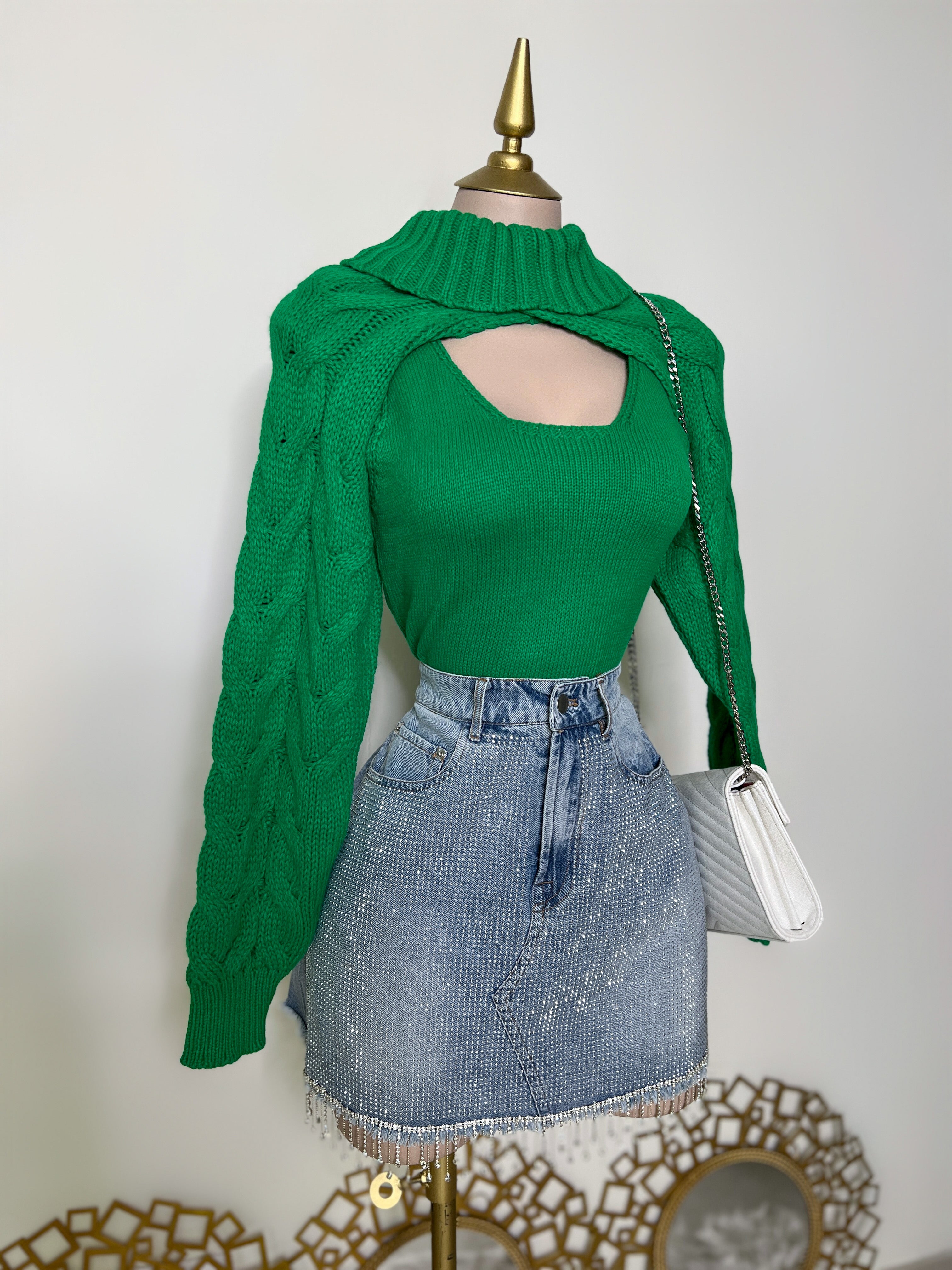 BLUSA VERDE TEJIDA + MANGAS TEJIDAS DE CUELLO