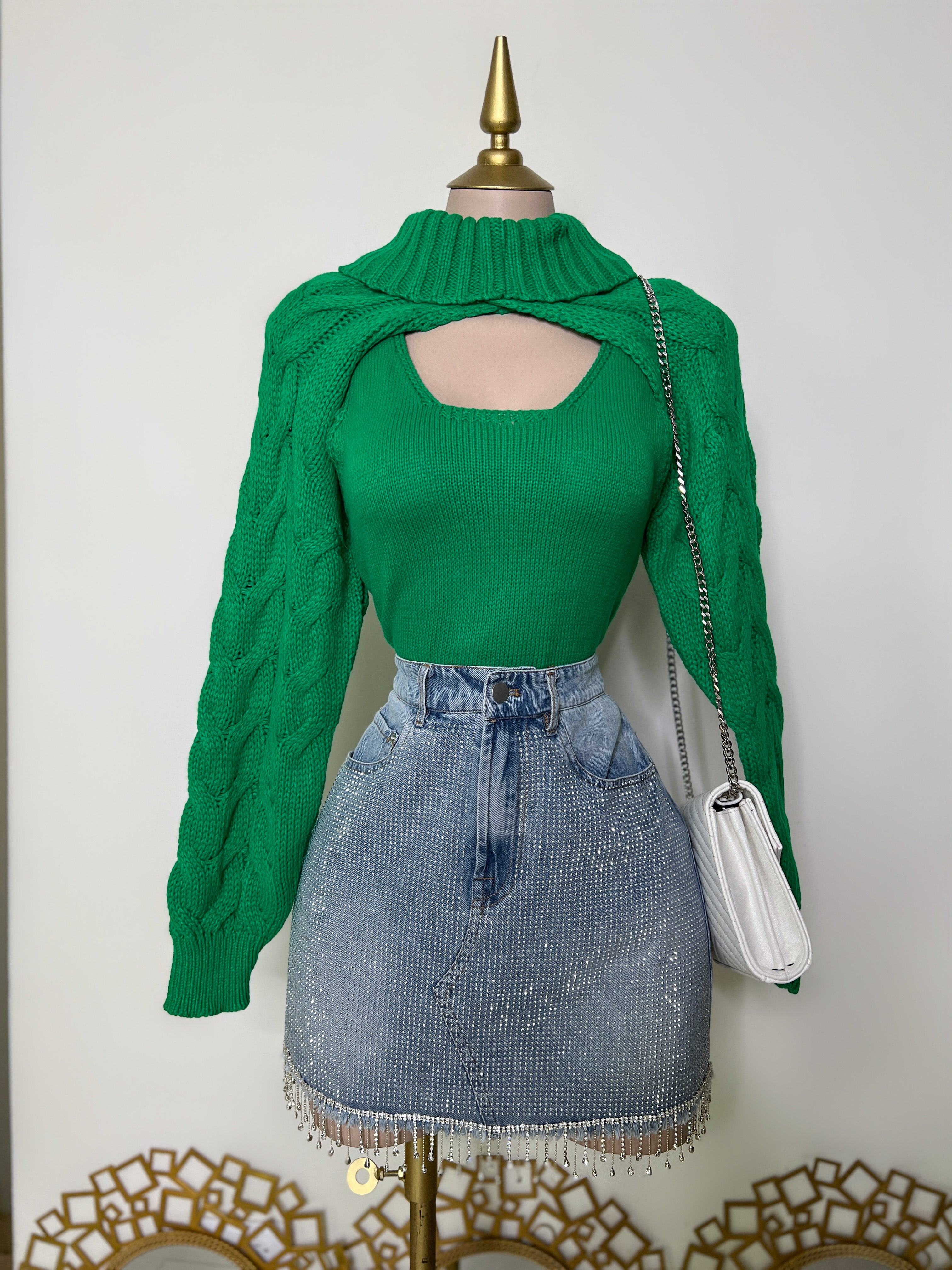 BLUSA VERDE TEJIDA + MANGAS TEJIDAS DE CUELLO