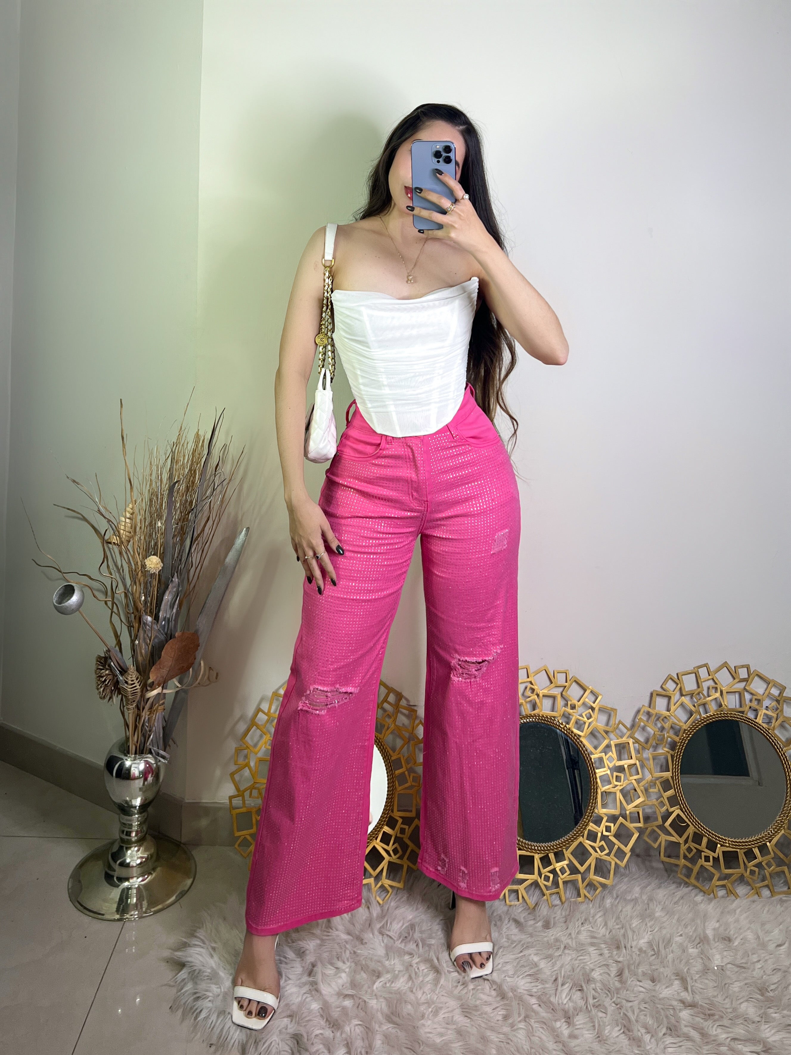 PANTALÓN ROSA PEDRERÍA WIDE LEG