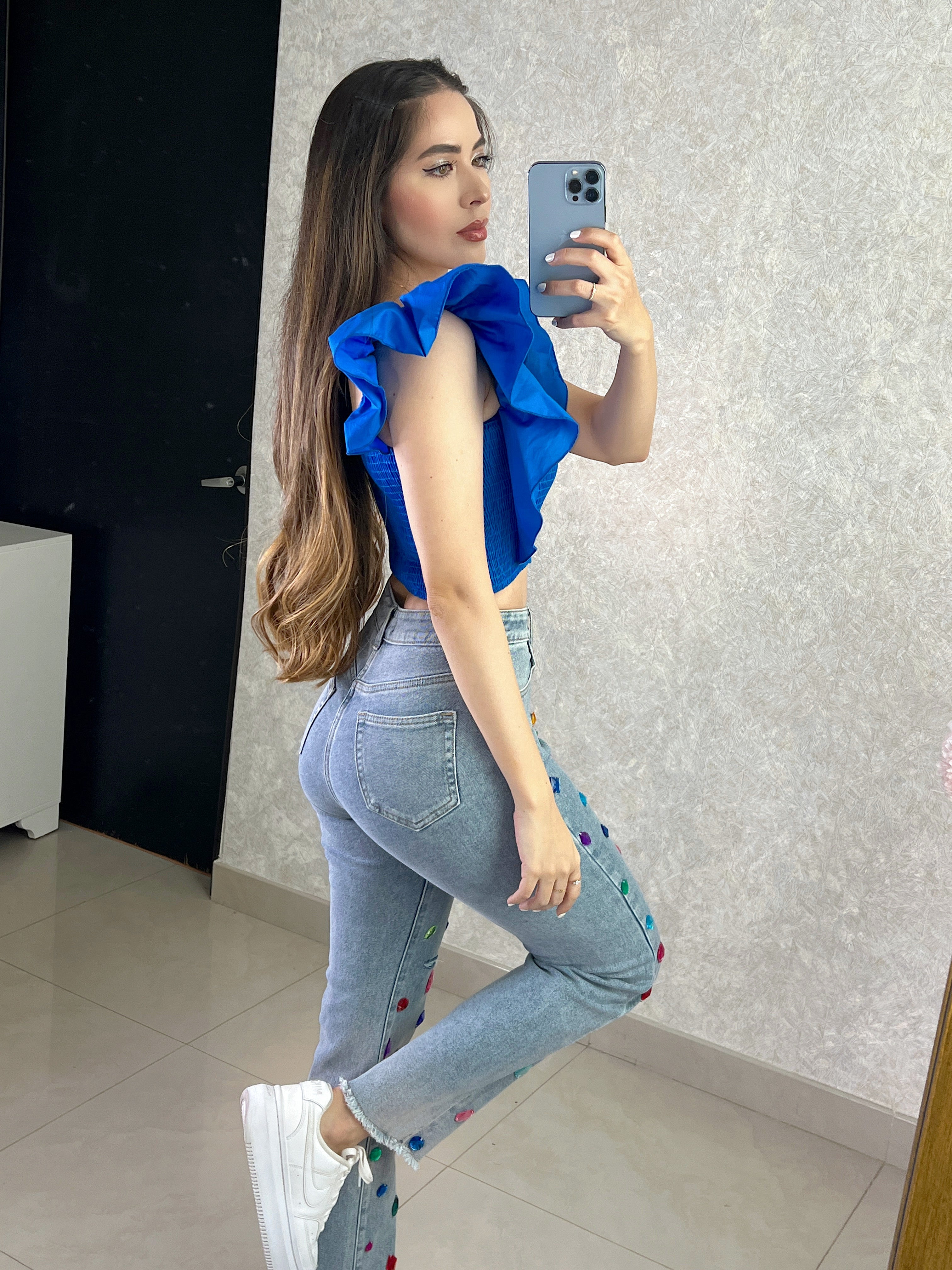 BLUSA AZUL CON MANGA DE OLÁN