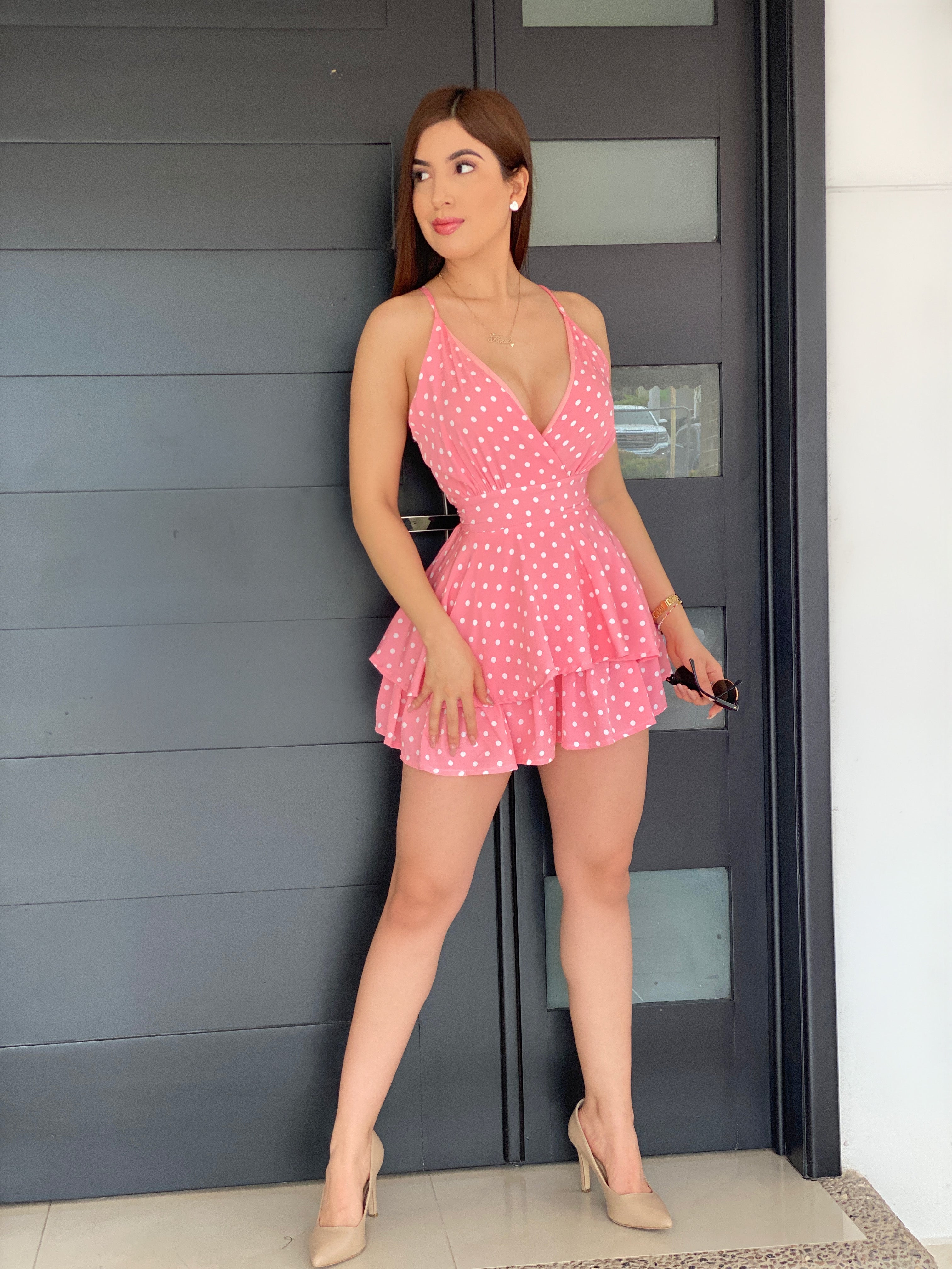 Mono estilo vestido-polka pink