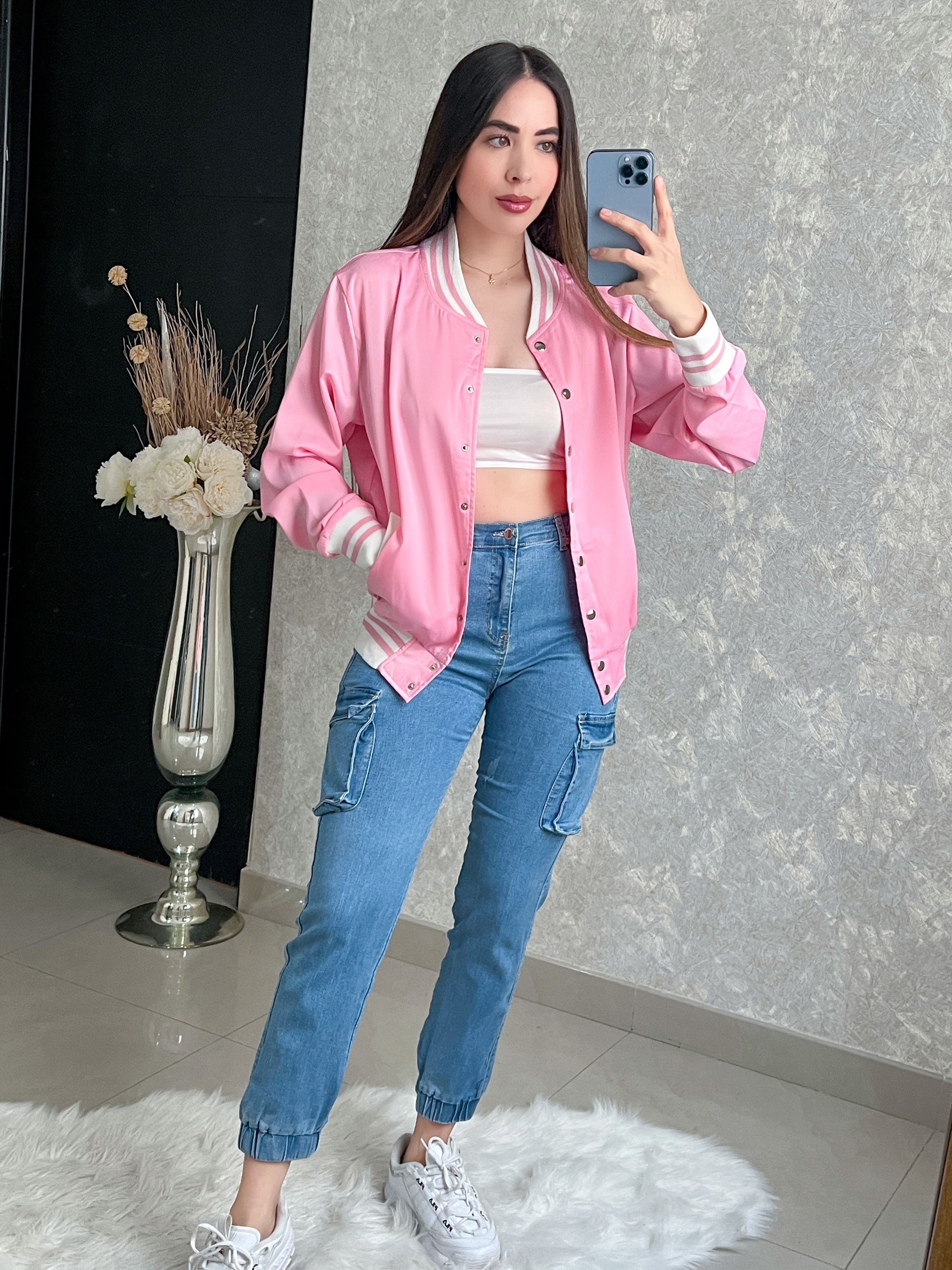 CHAQUETA ROSA CON BLANCO